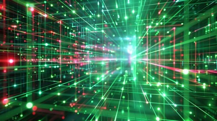 Glowing green and red lines and dots moving through a digital cyberspace grid, creating a futuristic technology background