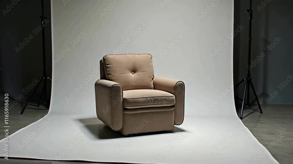 Poster a beige armchair standing against a white screen.. the background looks like a professional studio i