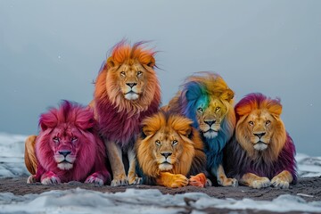 A family of lions with vibrant colored manes set against a minimalist gray background, emphasizing their uniqueness