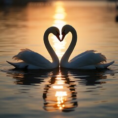 Silhouette photography of two swans forming a heart in a minimal and realistic style