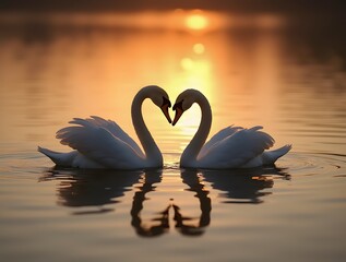 Silhouette photography of two swans forming a heart in a minimal and realistic style