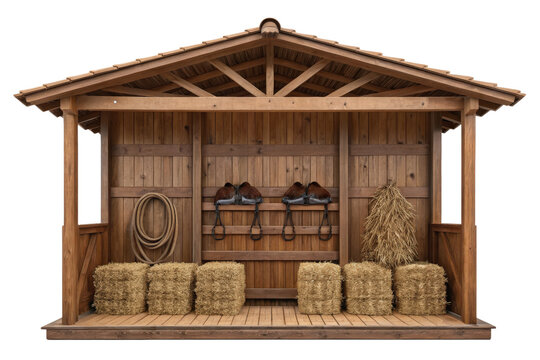 Wooden stable with hay bales and saddles isolated with transparent background