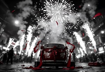 Festive Drum: A Monochromatic Celebration with Fireworks
