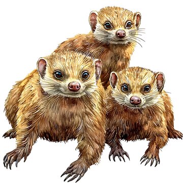 Watercolor painting of three adorable, fluffy, brown and tan young mongooses huddled together.