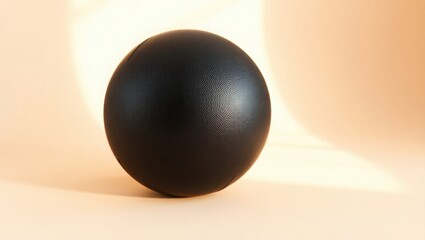 A single black sphere rests on a pale background