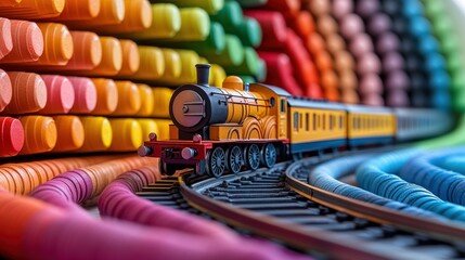 Toy train on tracks amidst colorful crayons.