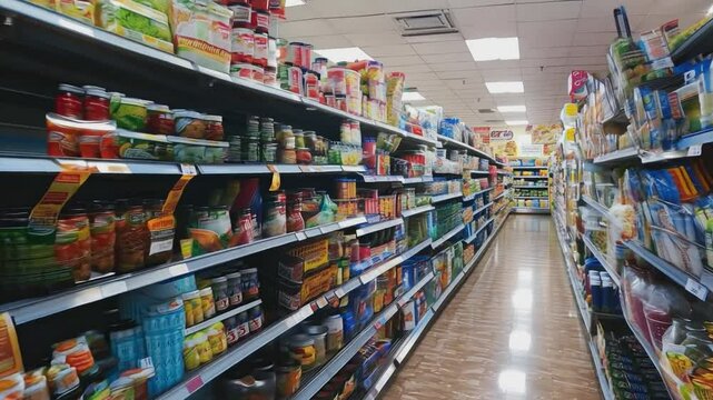 Rows of neatly stocked shelves in a brightly lit supermarket aisle, showcasing a wide variety of canned goods and packaged products.