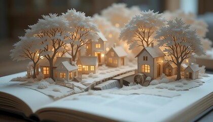 Obraz premium Paper-crafted historic scene with homes, watermill, and golden accents creating a warm, tranquil atmosphere.
