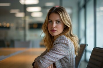 A young woman with long hair sits at a conference table in a modern office, looking thoughtfully to the side as she engages in deep contemplation under soft natural light.