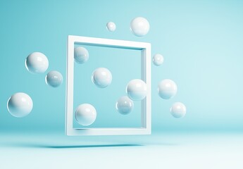 
A cube composed of spheres, levitating in the air against a light blue background. The spheres are arranged to form an empty picture frame with a square shape.