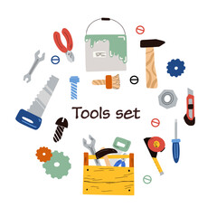 Kids collection of various repair tools in a cartoon style. A set for decorating toys, construction sets, children room or workshop, as educational material, fabrics, wallpapers