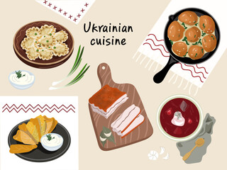 Ukrainian cuisine set. Traditional national Ukrainian dishes as borsch, cabbages, pampushky, dumplings, potato pancakes, lard.