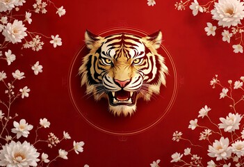 Majestic Tiger Head:  Intricate Floral Frame, Red Background, Elegant Asian Art