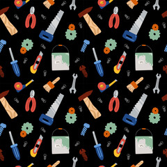 Kids seamless pattern for boys of various work tools such as hammer, saw, nails, pliers, screwdriver on dark background. Cartoon-style repairman motif for textiles, packaging, wallpaper