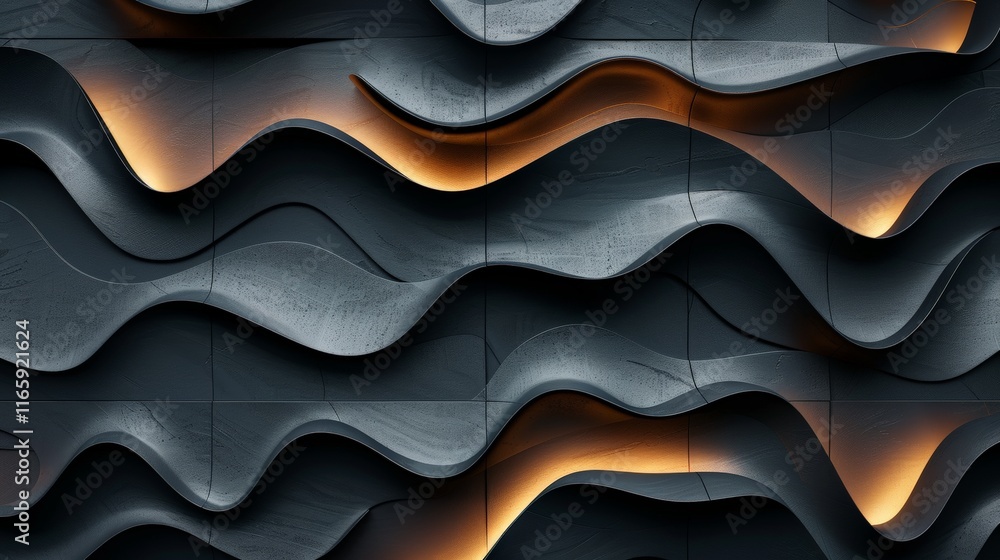 Poster modern architectural detail featuring a dark gray wavy wall with integrated orange lights, creating 
