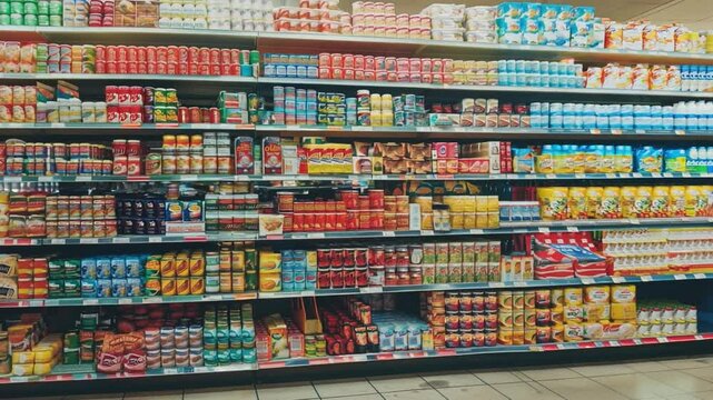 A well-stocked supermarket aisle, bursting with a colorful array of canned goods, beverages, and other grocery staples. The shelves are neatly arranged.