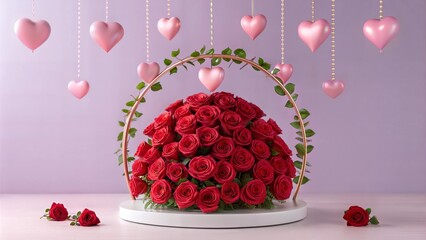 A romantic Valentine's Day floral centerpiece with cascading red roses in a spiral, accented by pink heart ornaments floating above, set against a soft pastel lavender gradient and warm lighting