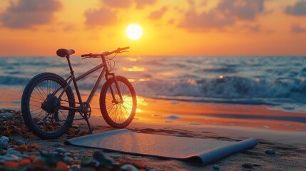 Bicycle and yoga mat at sunset beach.
