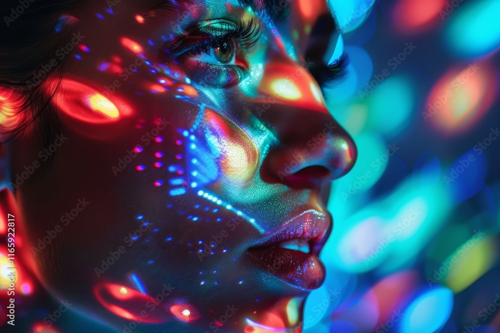 Aufkleber close-up of a womanâ€™s profile with colorful lights reflecting against her skin, creating a mesmeri