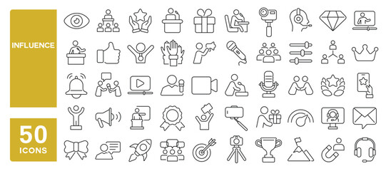 Set of 50 line icons related to influence, influencer, content, community, lead, marketing, media, promotion, audience, Editable stroke. Vector illustration