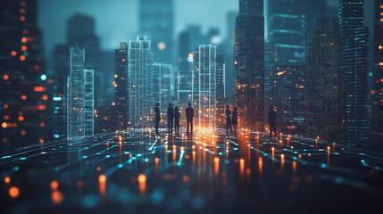 Fototapeta premium Abstract business team stands on the peak of success amid tall, innovative Smart city and graphs with statistics to analyze business potential and predict future developments in company growth.
