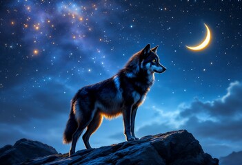 Majestic Wolf Silhouette: Night Sky, Crescent Moon, Artistic Landscape