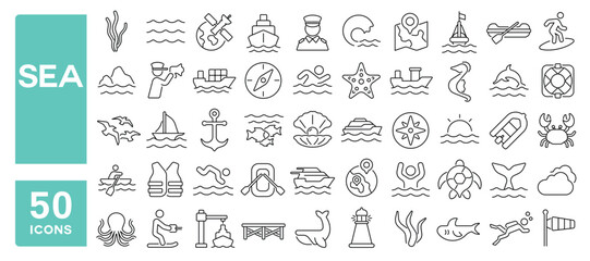 Set of 50 line icons related to sea, creatures, ship, sail, ocean, boat, water, activity, vacation, wave, compass, captain, ocean, Editable stroke. Vector illustration