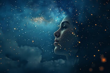 A thoughtful woman stands against a captivating cosmic backdrop, with twinkling stars and galaxies surrounding her, highlighting her serene expression under a starry sky.