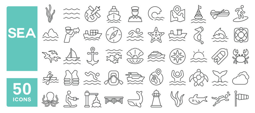 Set of 50 line icons related to sea, creatures, ship, sail, ocean, boat, water, activity, vacation, wave, compass, captain, ocean, Editable stroke. Vector illustration