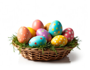 A basket of easter eggs with different colors and designs