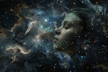A serene figure appears to meditate, with her face surrounded by a vast, colorful cosmos filled with stars, galaxies, and ethereal clouds, capturing a moment of cosmic introspection.