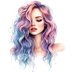 Fototapeta premium Watercolor Portrait of a Woman with Long, Colorful Wavy Hair.