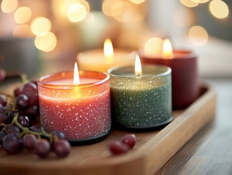 Three candles are lit on a wooden tray with grapes
