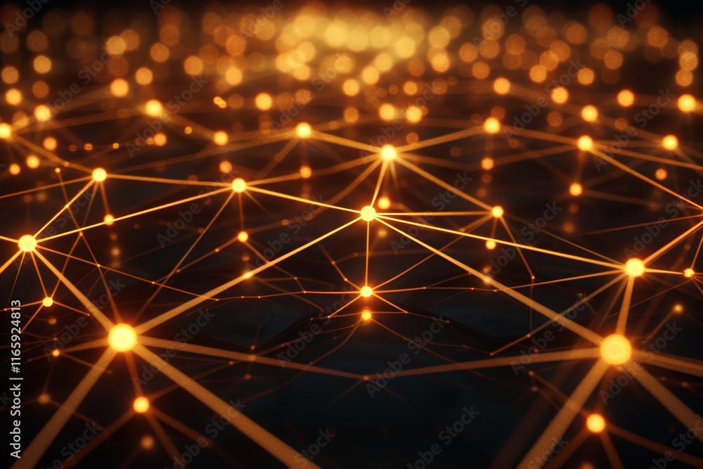 Poster glowing nodes are connected by intricate lines, creating a vibrant network against a dark backdrop, 