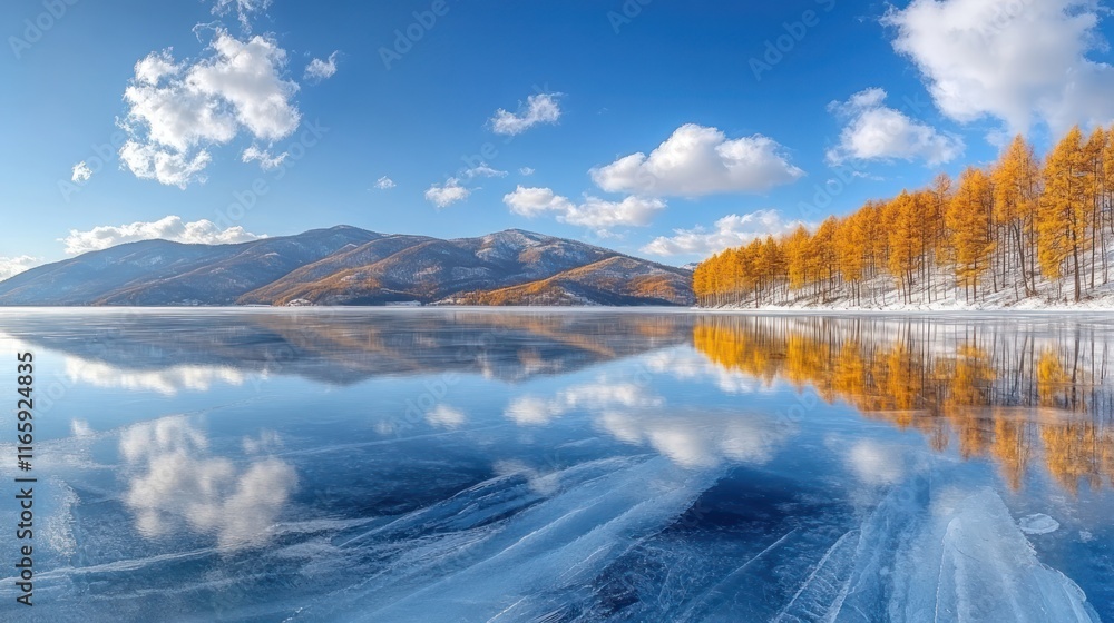 Canvas Prints Calm winter lake reflecting golden trees and mountains.