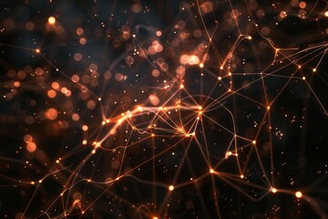 An intricate web of glowing lines and particles creates a mesmerizing pattern, illustrating the flow of energy and connections in a dark, atmospheric setting.