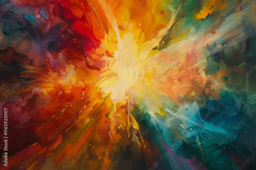 Poster Bright colors converge and radiate from a central point, creating an explosive effect that conveys energy and movement in a dynamic visual display.