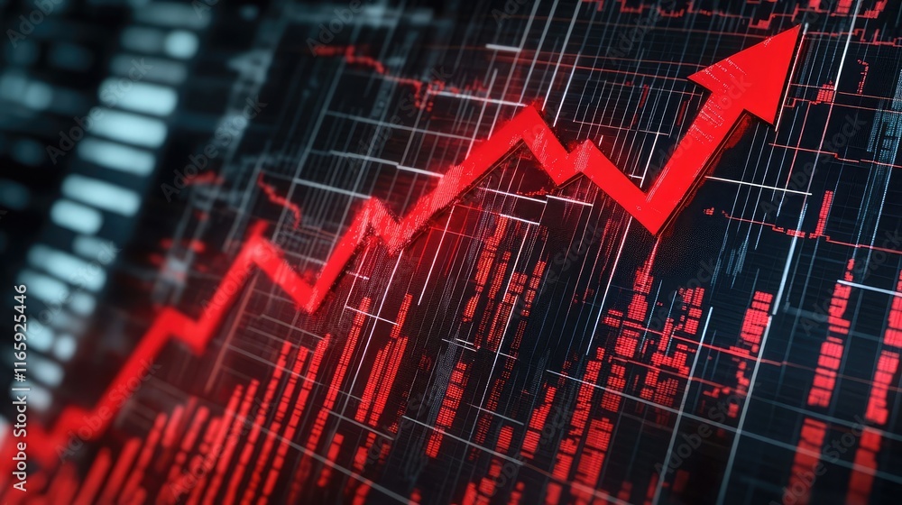 Aufkleber downward-pointing red arrow over a gridded financial chart illustrating a sharp decline in value