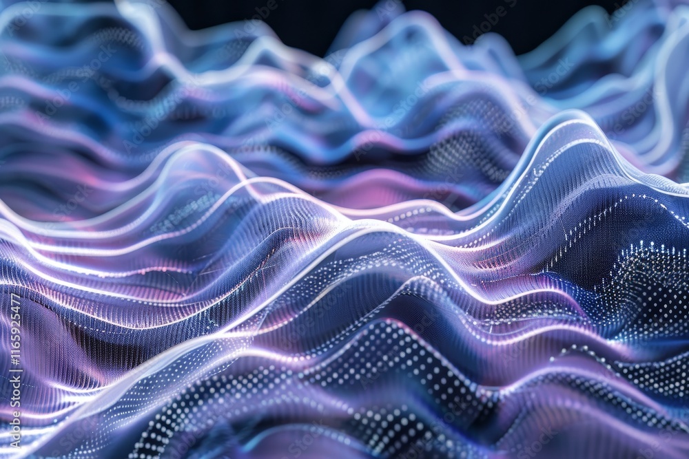 Poster dynamic visualization of glowing digital waves undulating in a dark setting illustrates the beauty o