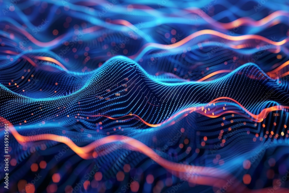 Poster vibrant waves of light undulate across a dark background, showcasing a dynamic flow of energy. the i