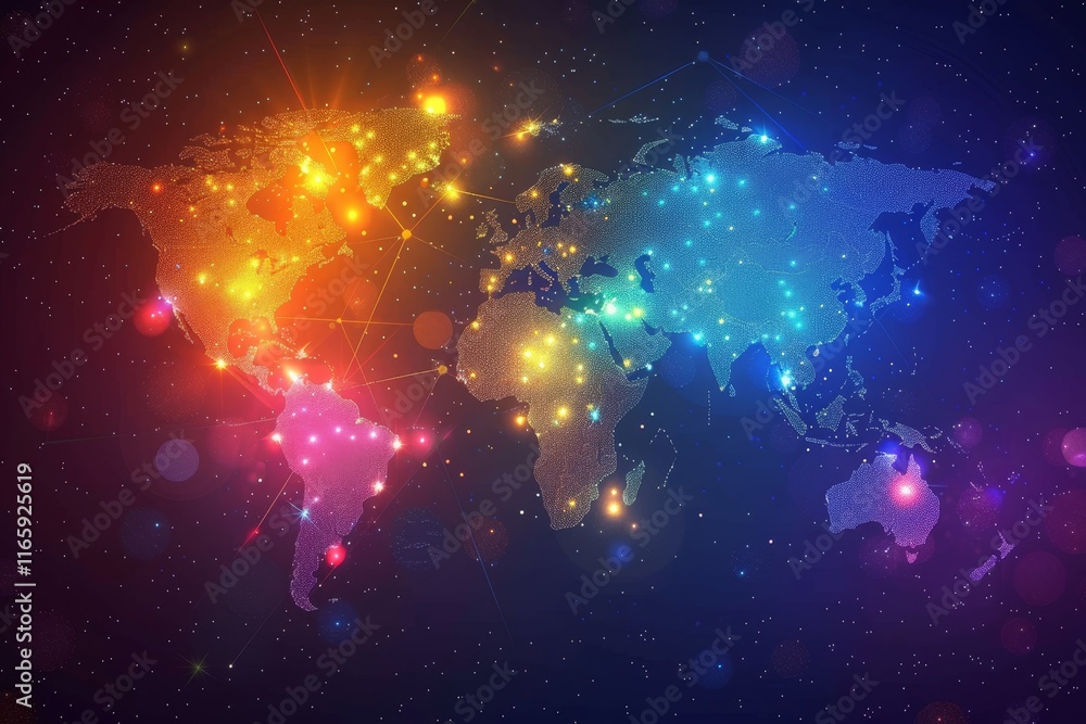 Poster this visual representation displays a colorful digital map of the world at night, highlighting urban