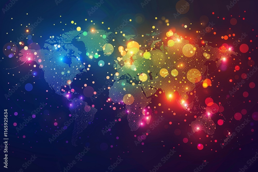 Poster a vibrant world map depicted through bright, glowing dots and splashes of color, symbolizing global 