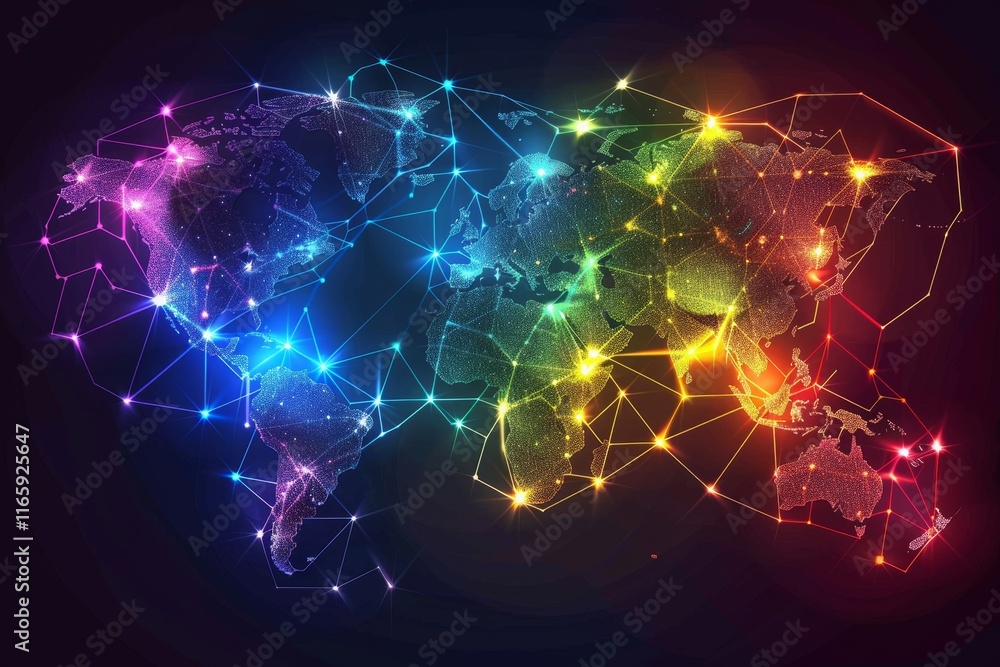 Poster a vibrant world map showcases interconnected nodes and bright colors, symbolizing data networks and 