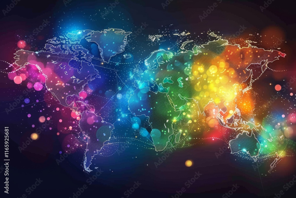 Poster a vibrant world map filled with colorful lights and dots illustrates the concept of global connectiv