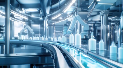 Fototapeta premium A futuristic factory scene featuring robotic arms on a conveyor belt, assembling and transporting bottles in a high-tech, automated environment.