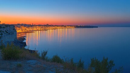 Coastal town sunset, calm sea reflecting lights.