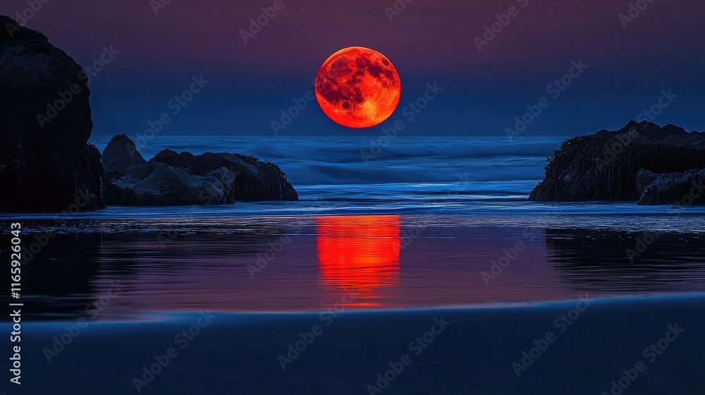 Aufkleber dynamic red moon reflecting in a tranquil ocean at twilight, creating a serene and magical ambiance