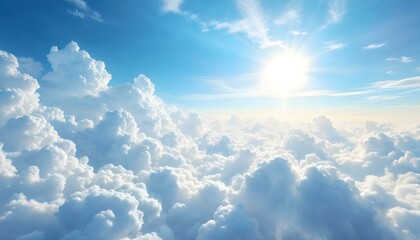 Heavenly sky, bright sunburst, fluffy white clouds with sunshine Peaceful natural background