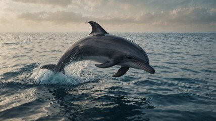 Fototapeta premium A dolphin jumping out of the ocean water against a dramatic sky during sunset 