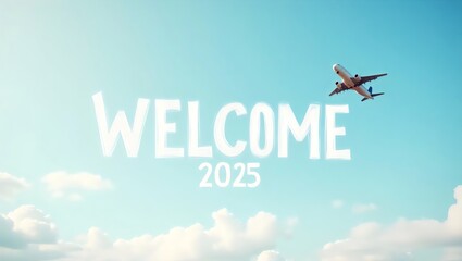 Airplane Clouds Welcome 2025 Sky Travel Announcement